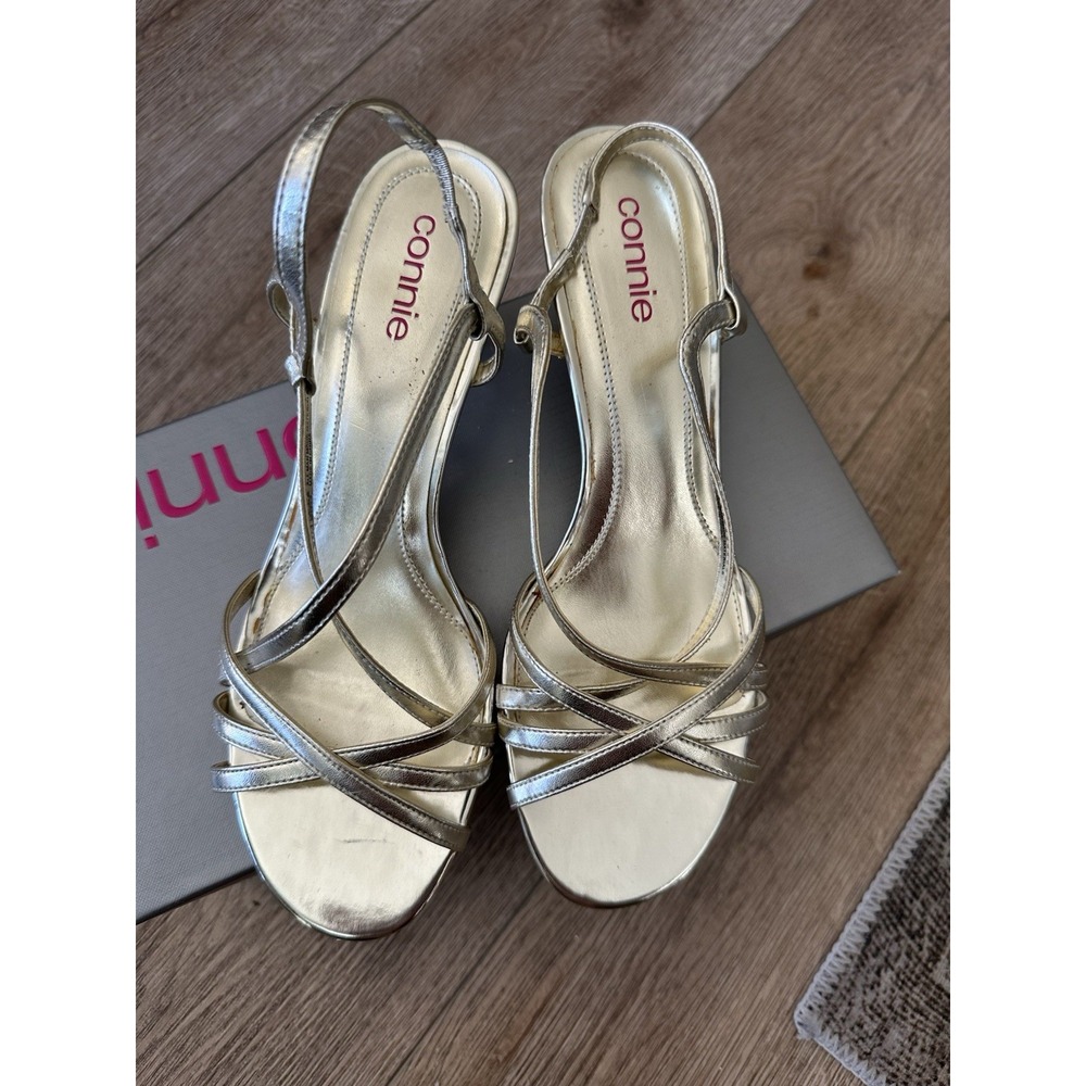 Connie Rosalie Gold Strappy Slingback Block Heel Sandals Womens 9.5M Metallic